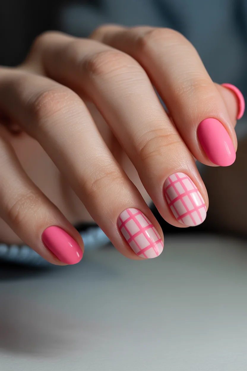 summer nail colors 2026 Pink Plaid Nails Bringing Back Playful Preppy Trends