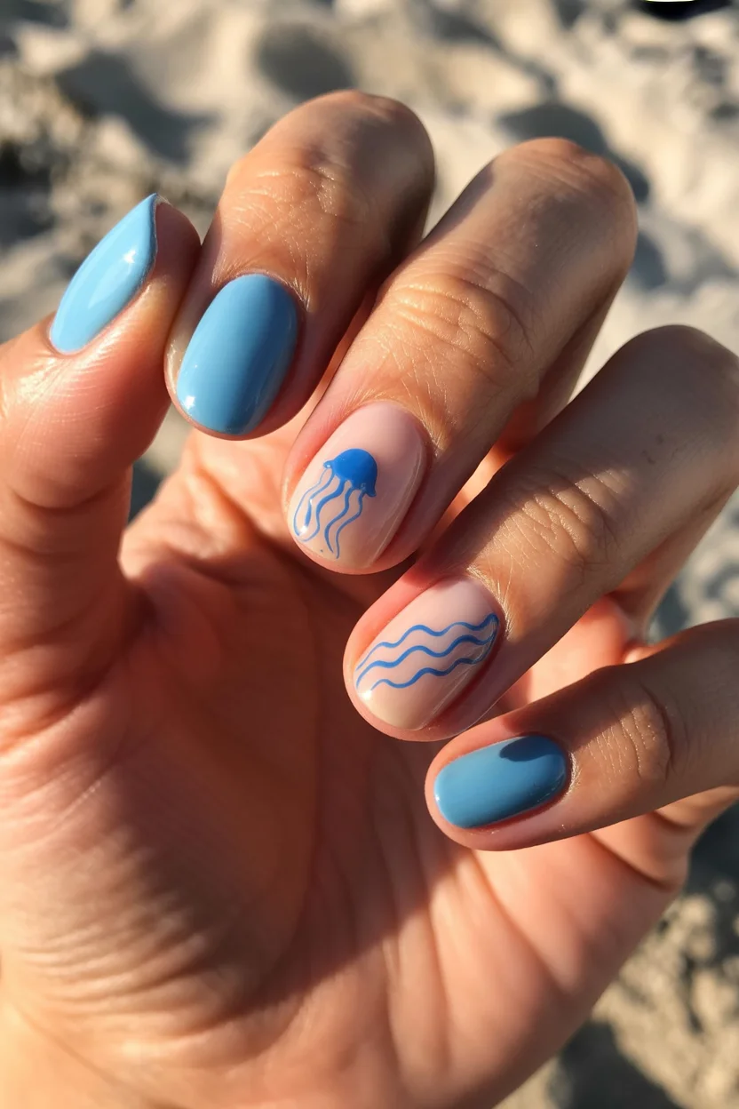 summer nail colors 2026 Ocean Blue Nails with Minimal Jellyfish Art