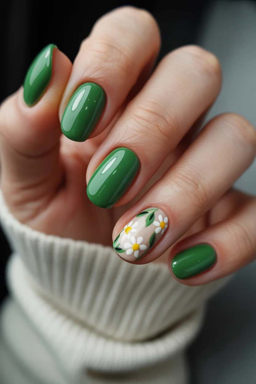 summer nail colors 2026 Glossy Green Daisy Nails Inspired by Garden Summers