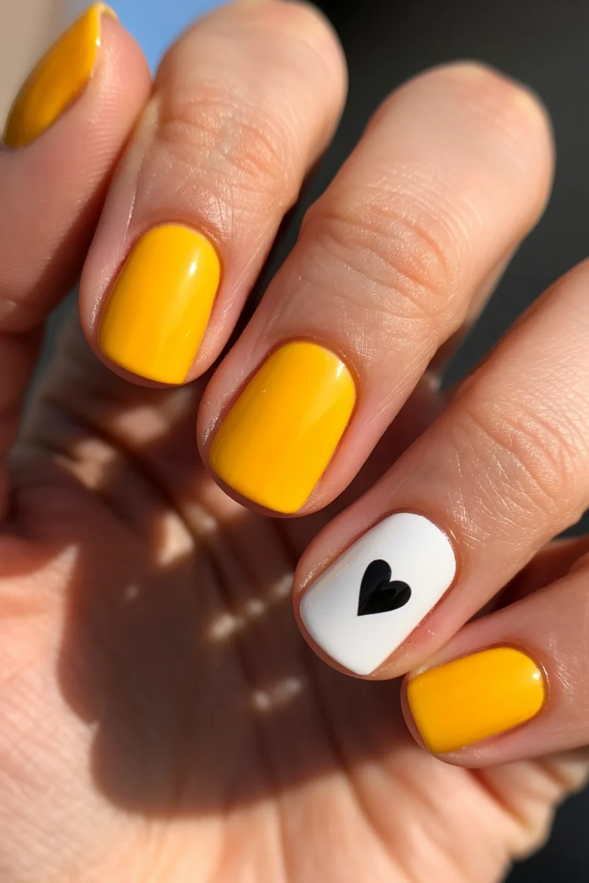 summer nail colors 2026 Sunny Yellow Nails with Minimal Heart Accent