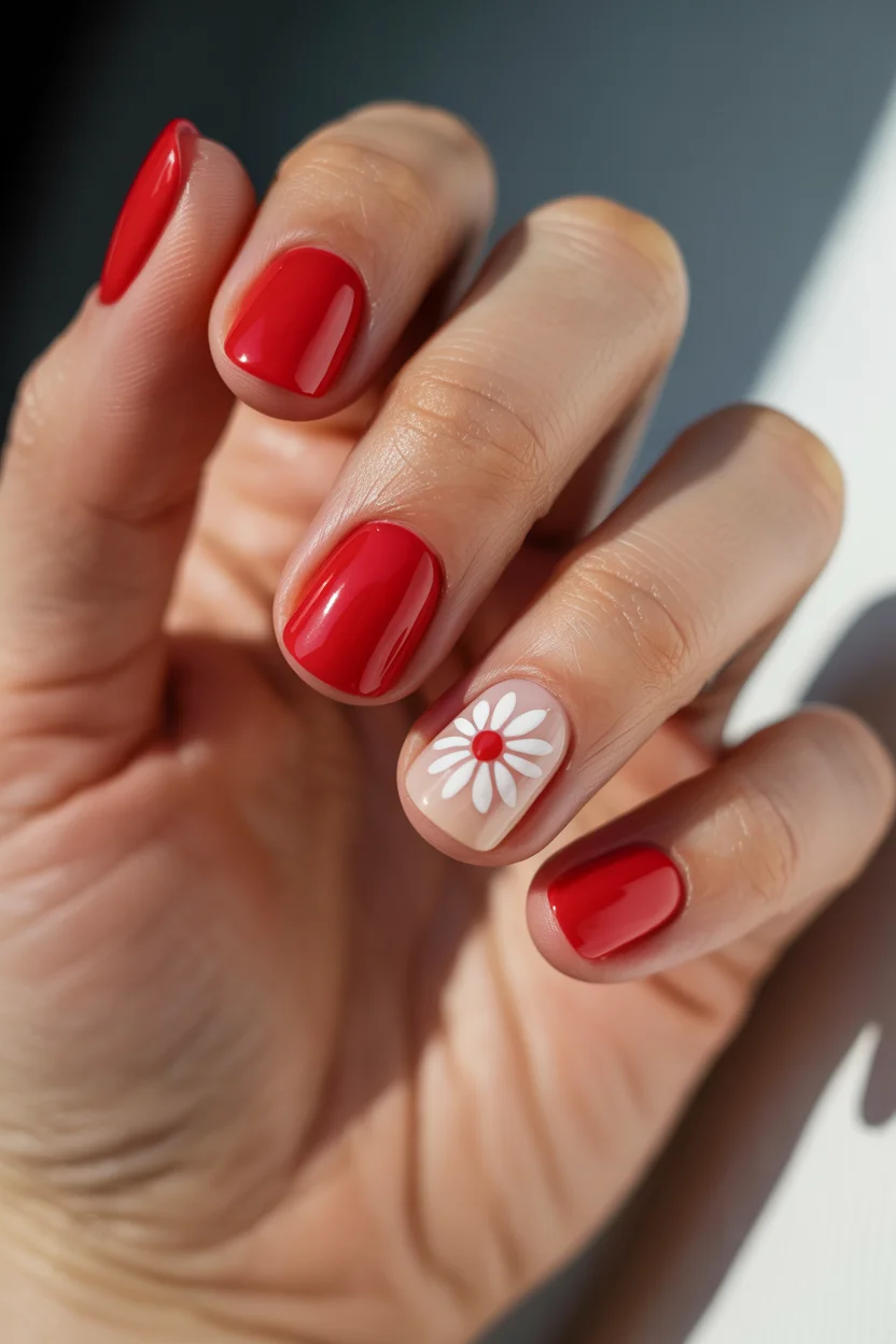 summer nail colors 2026 Classic Red Daisy Nails with Timeless Summer Energy