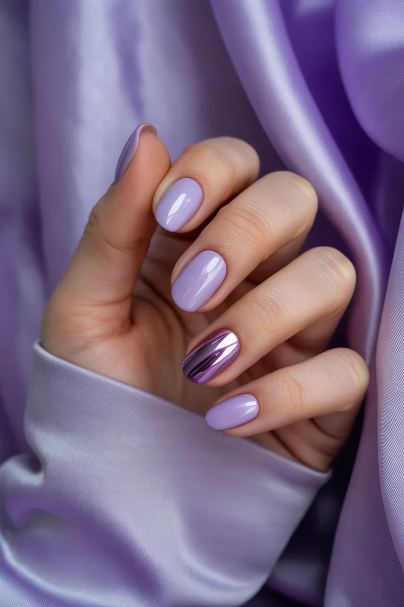 summer nail colors 2026 Soft Lavender Nails with Metallic Violet Accents