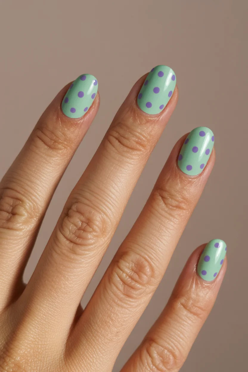 summer nail colors 2026 Mint Green Polka Dot Nails with Retro Charm