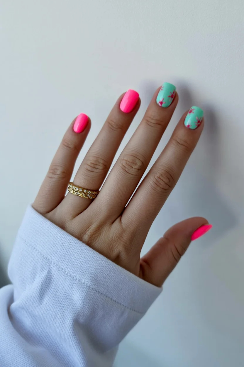 summer nail inspo 2026 Neon Pink and Mint Floral Nails