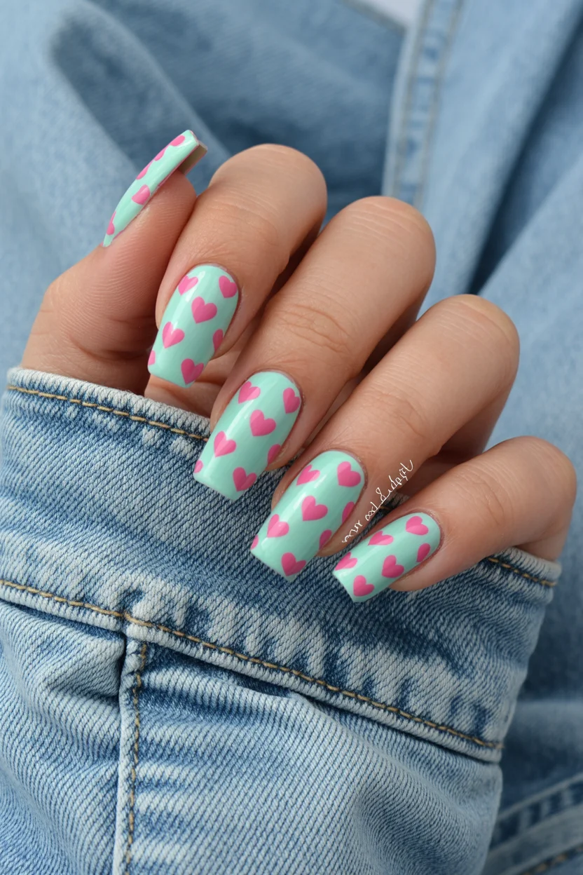 summer nail inspo 2026 Mint and Pink Heart Nails