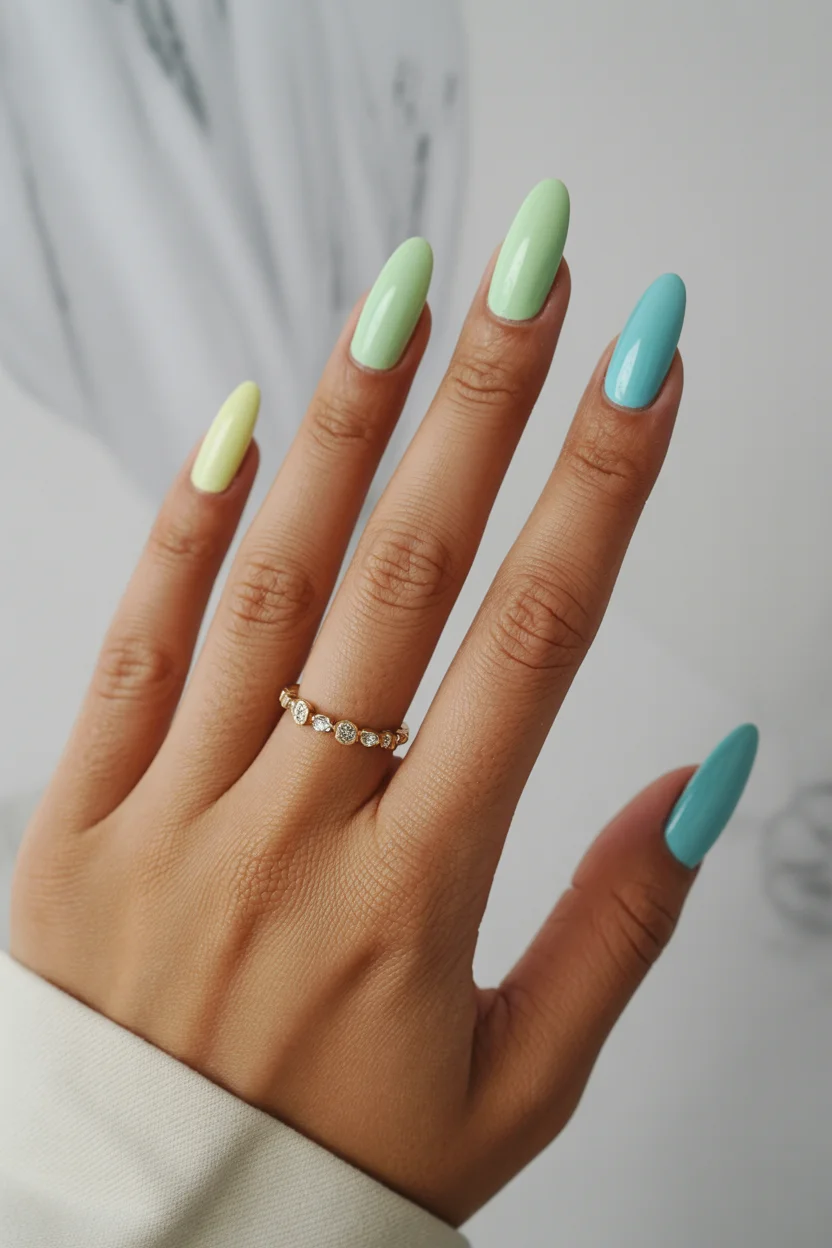 summer nail inspo 2026 Pastel Rainbow Almond Nails