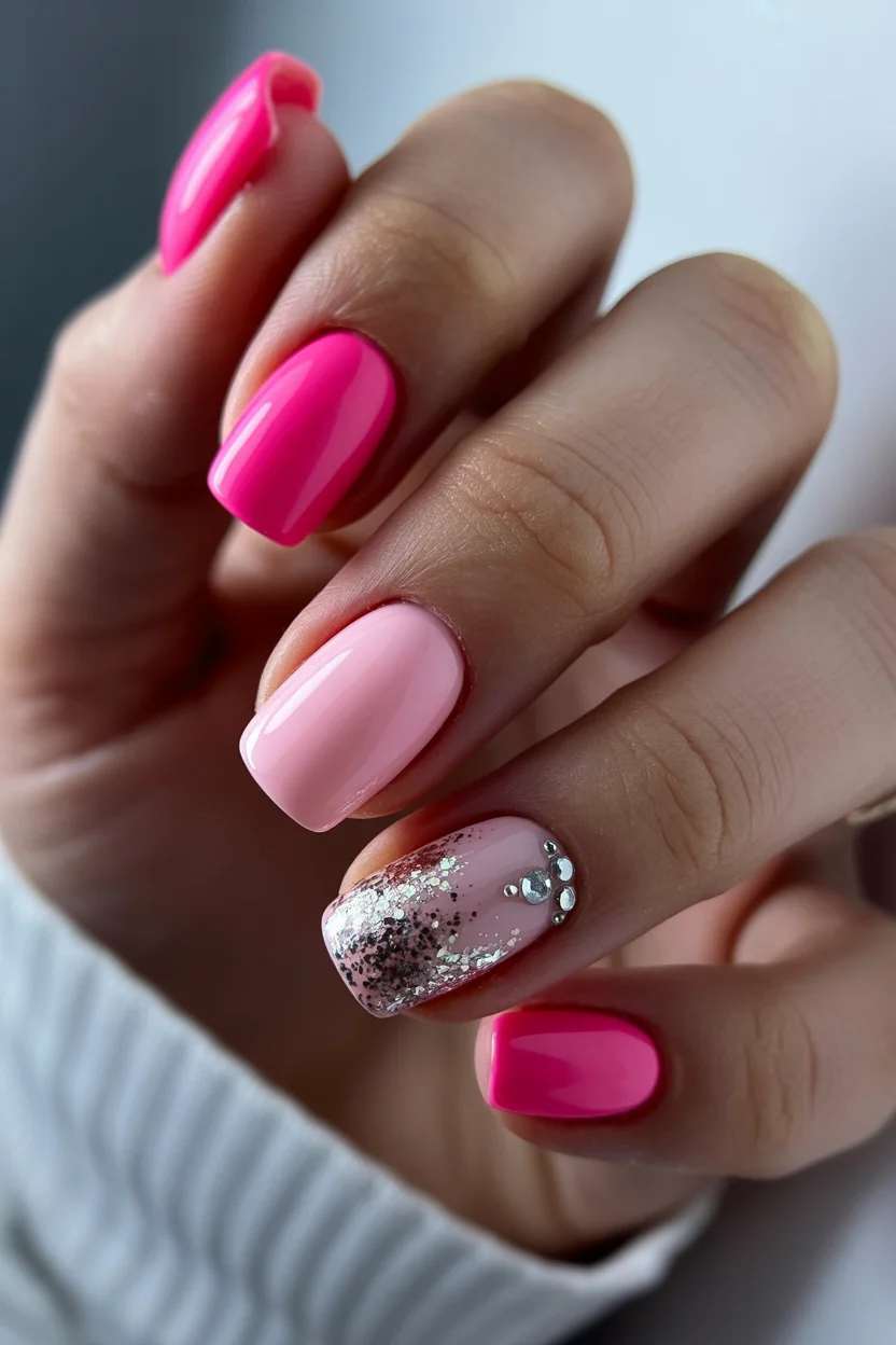 summer nail inspo 2026 Hot Pink Glitter Accent Nails