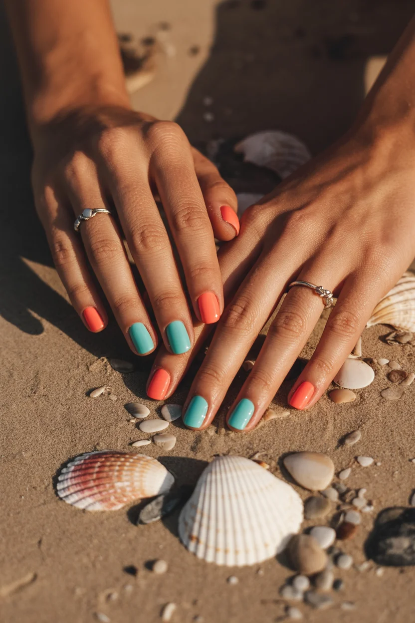 summer nail inspo 2026 Coral and Aqua Beach Nails