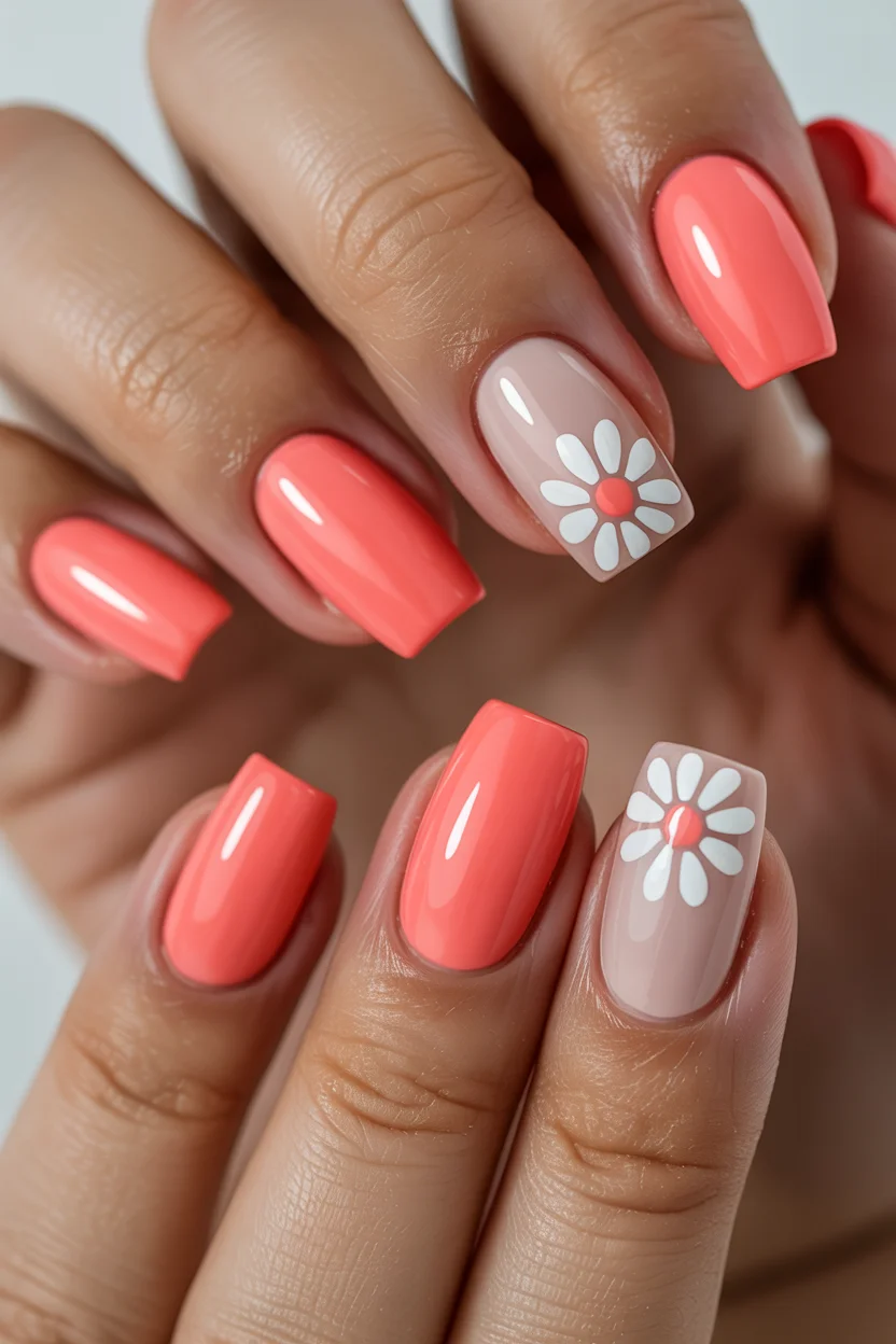 summer nail inspo 2026 Soft Coral Daisy Nails With a Fresh Picnic-Girl Feel