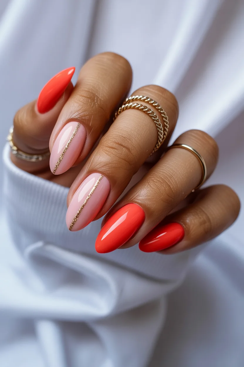 summer nail inspo 2026 Coral Almond Nails With Delicate Gold Ribbon Details