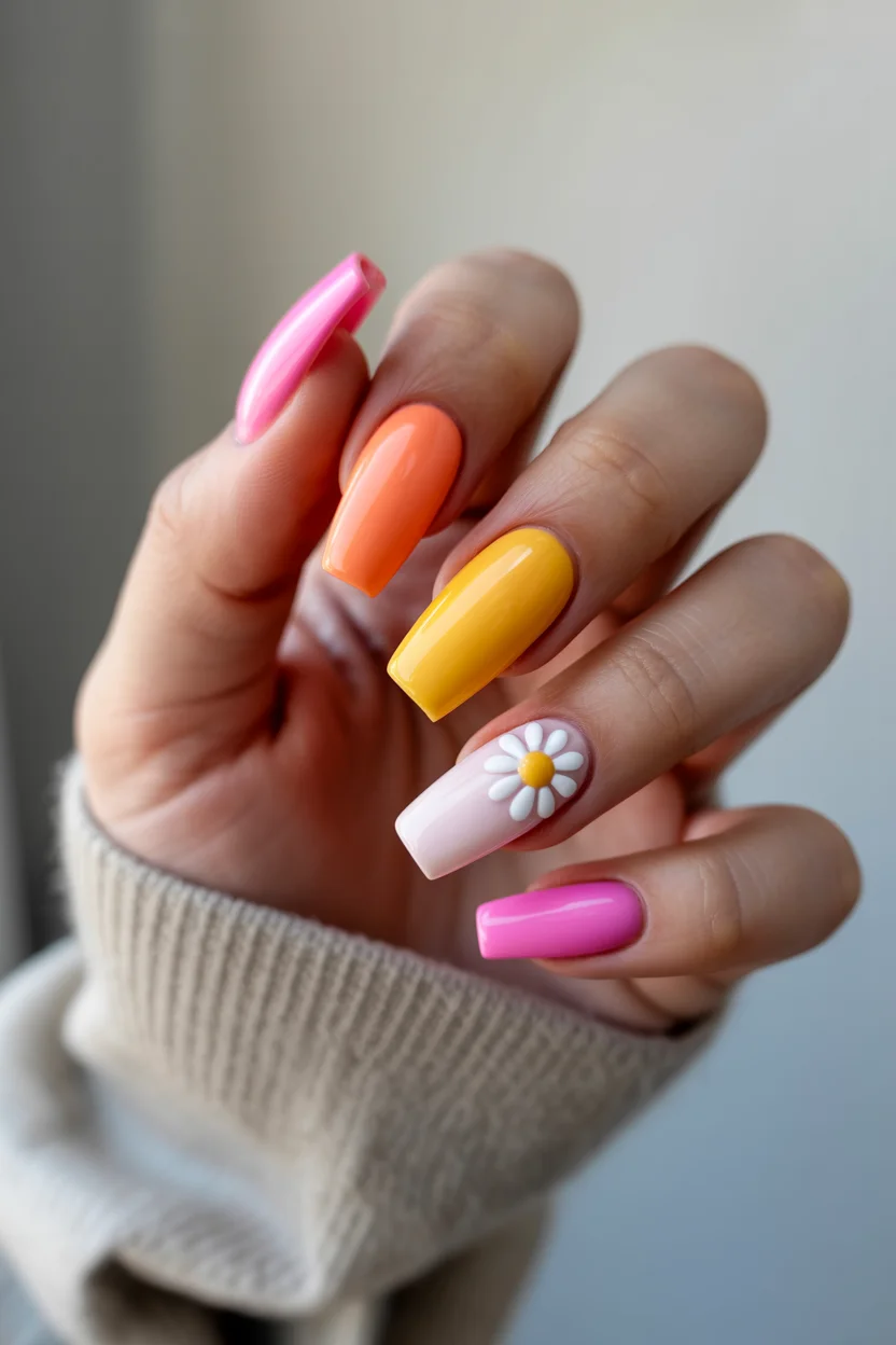 summer nail inspo 2026 Rainbow Sorbet Nails With Playful Daisy Accent