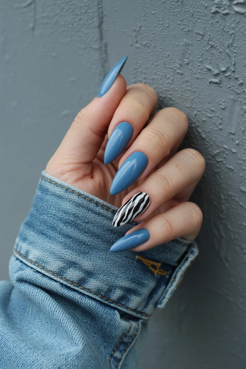 summer nail inspo 2026 Dusty Blue Stiletto Nails With Minimal Zebra Accent