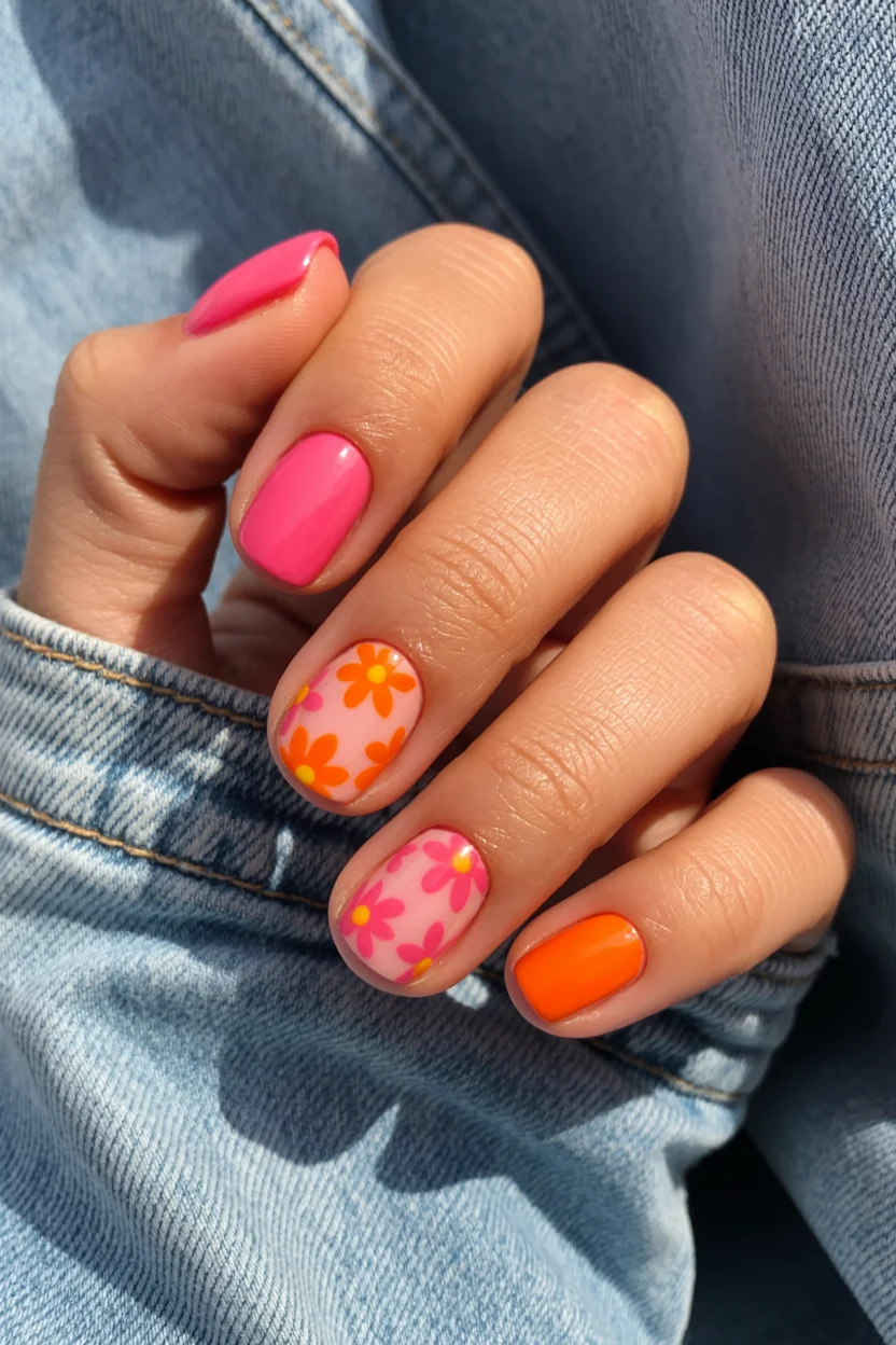 summer nail inspo 2026 Retro Pink and Orange Floral Nails