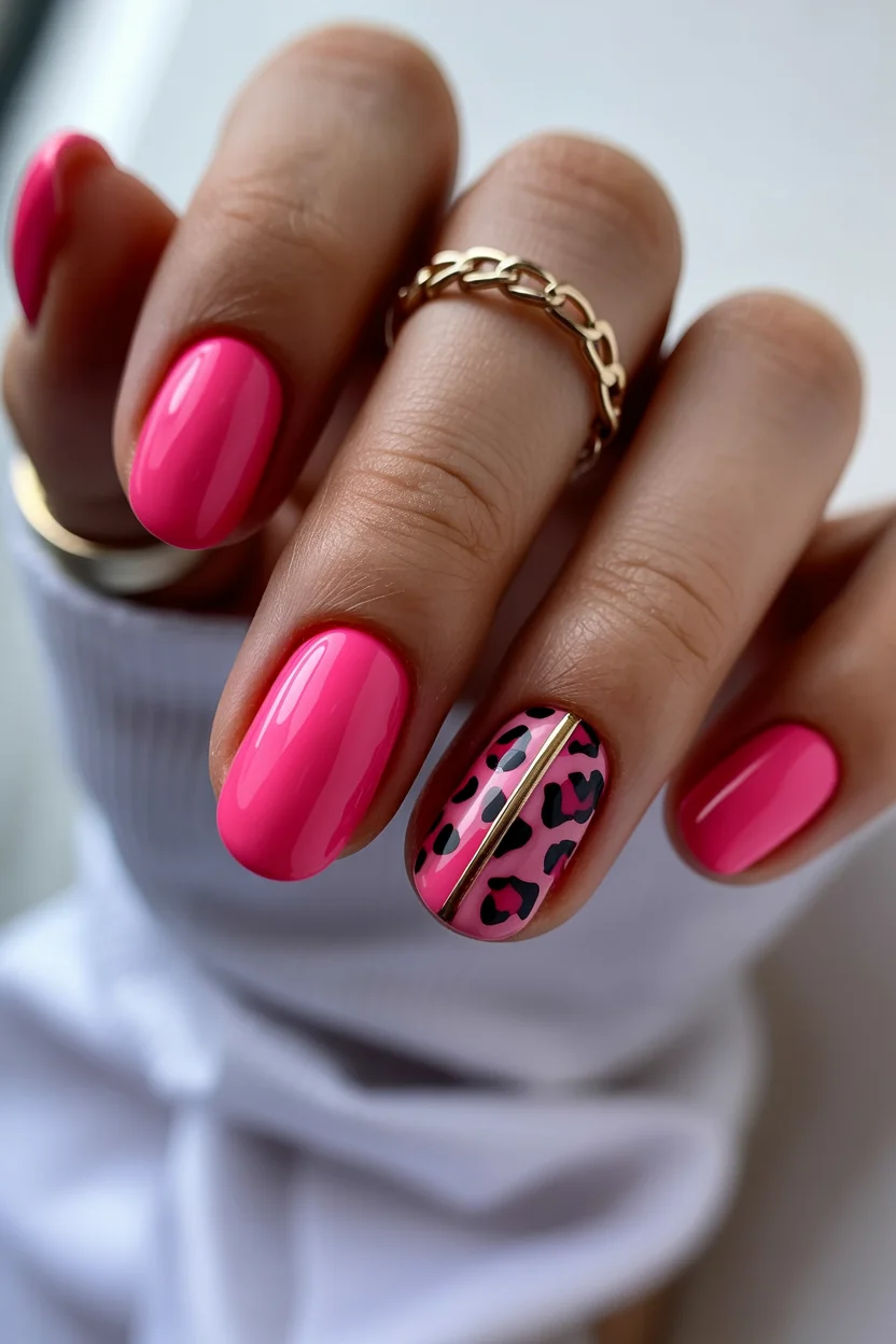 summer nail inspo 2026 Hot Pink Leopard Accent Nails With Gold Detailing