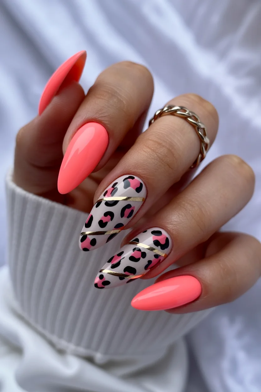 Summer nail art ideas 2026 Neon Peach Leopard Accent Nails