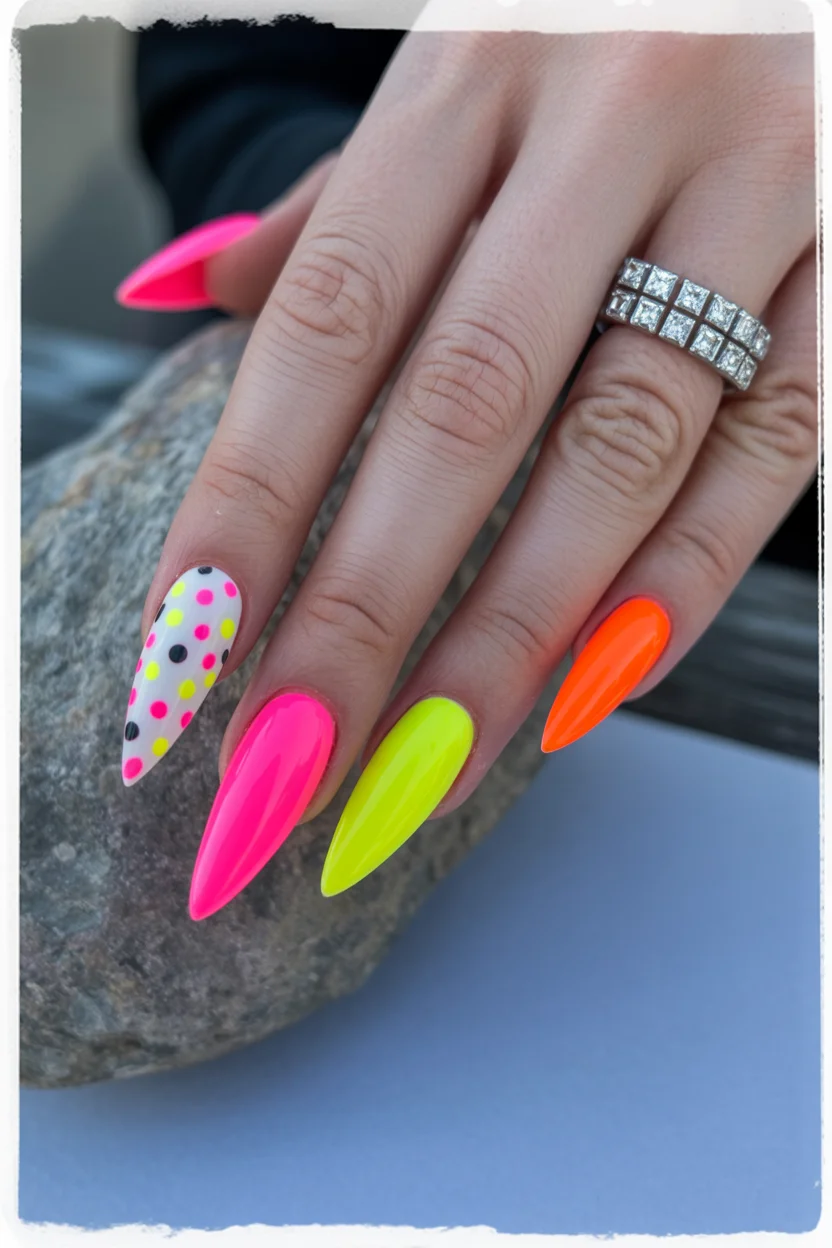 Summer nail art ideas 2026 Neon Pop Art Dotted Stiletto Nails