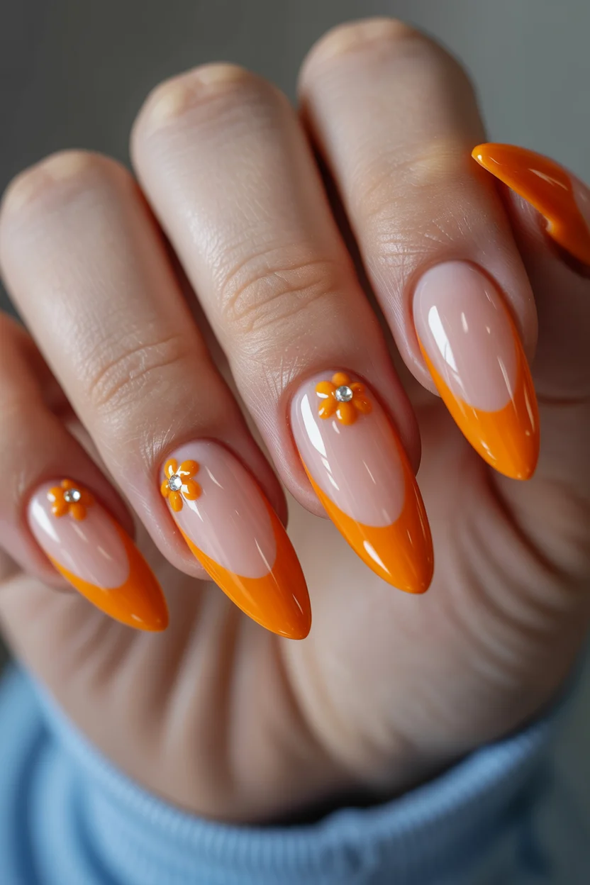 Summer nail art ideas 2026 Tangerine French Tips With Tiny Floral Details