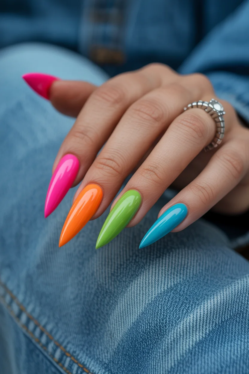 Summer nail art ideas 2026 Rainbow Sorbet Stiletto Nails