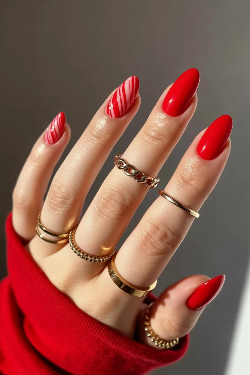 Summer nail art ideas 2026 Classic Cherry Red Nails With Candy Stripe Accent