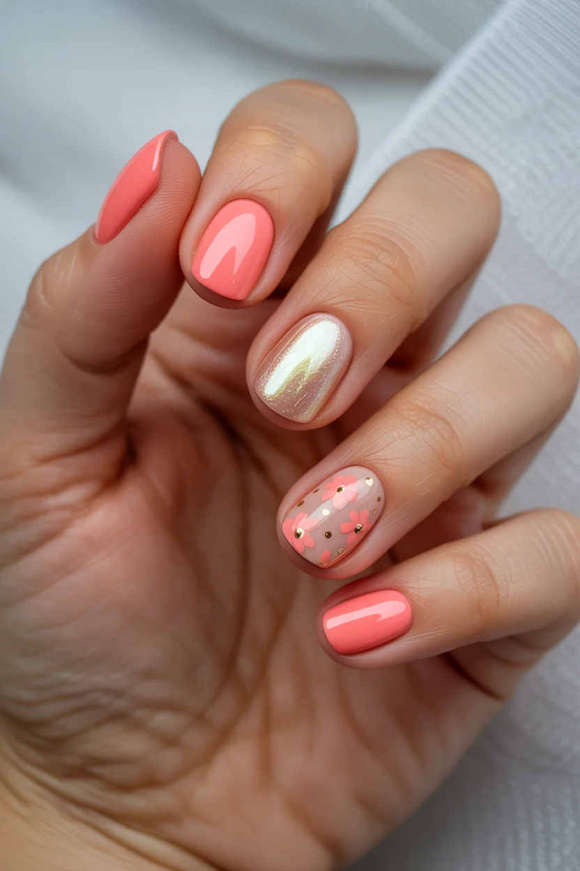 Summer nail art ideas 2026 Peach Blossom Nails With Pearl Chrome Accent