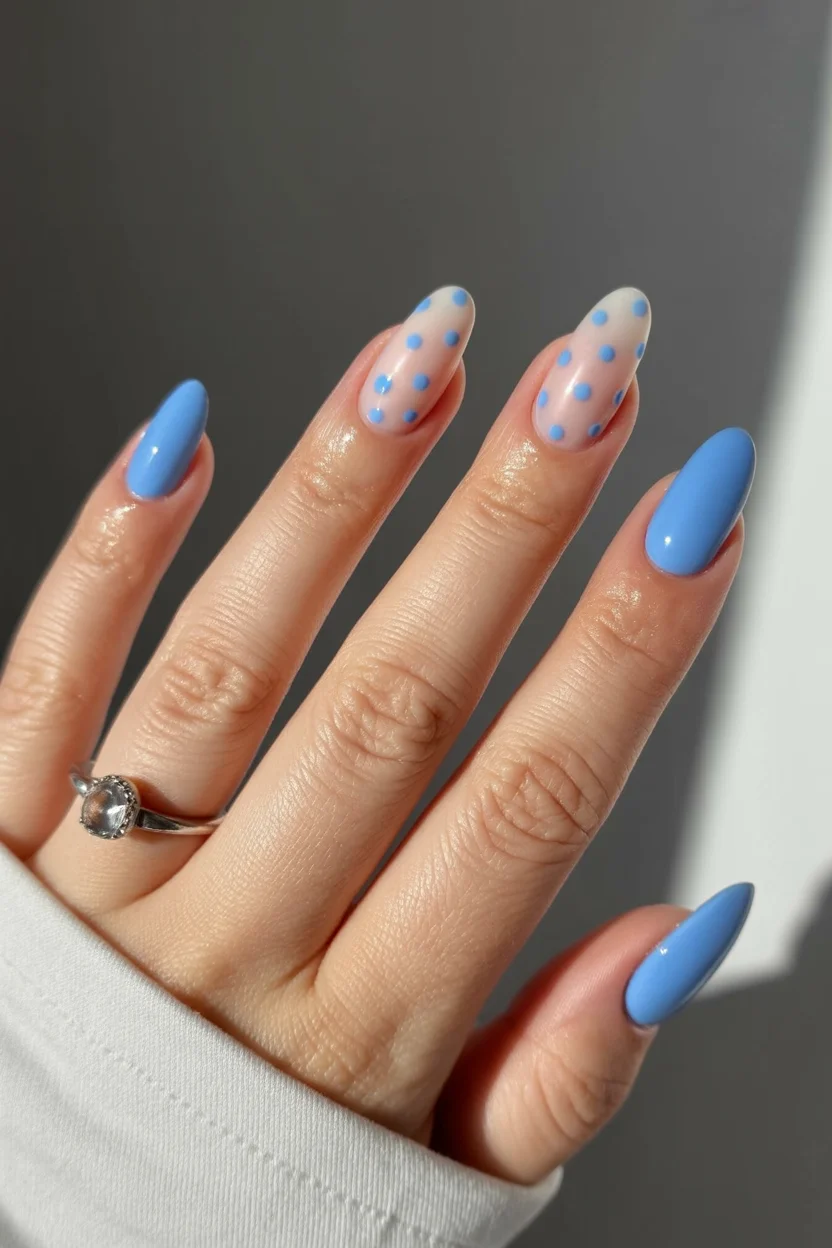 Summer nail art ideas 2026 Baby Blue Polka Dot Almond Nails