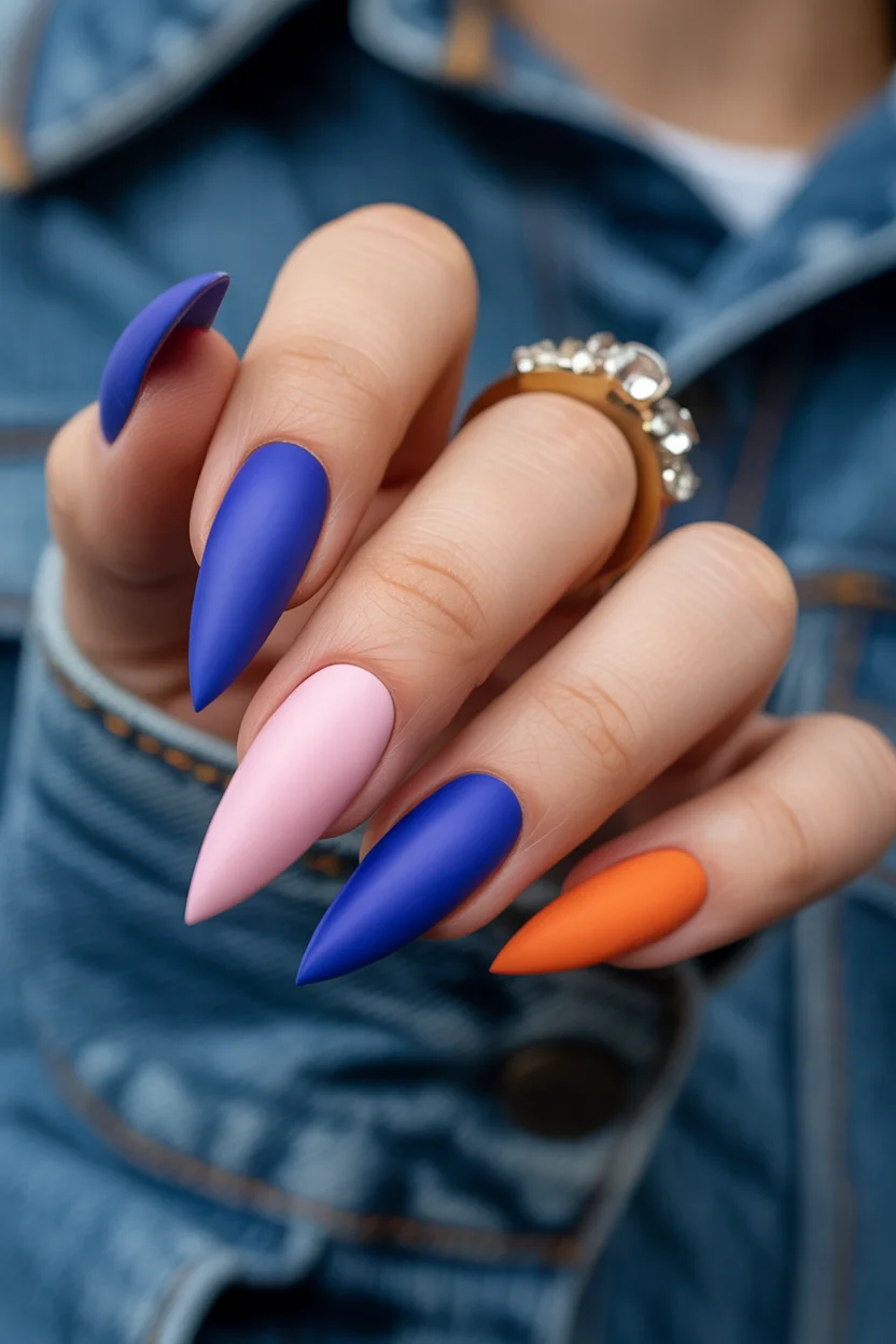Summer nail art ideas 2026 Electric Matte Color Clash Stiletto Nails