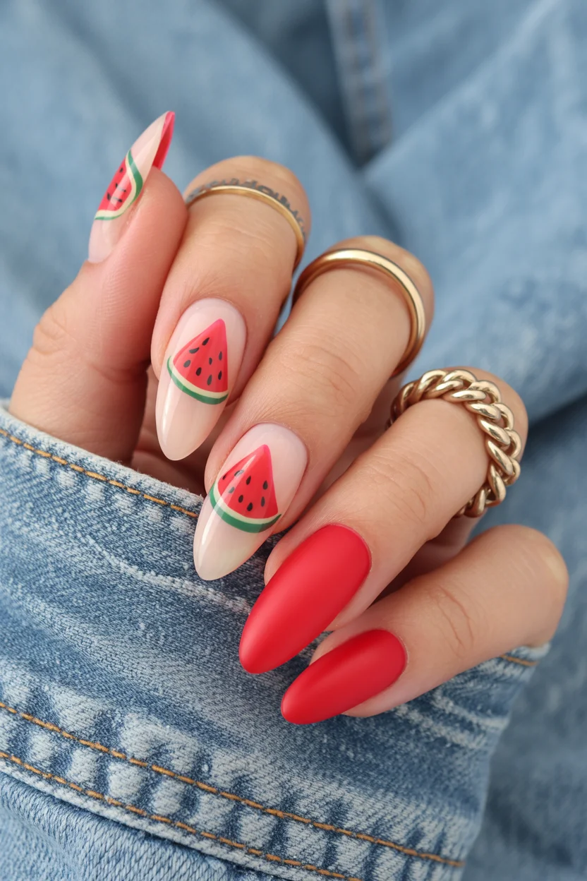 Summer nail art ideas 2026 Watermelon Matte Summer Nails