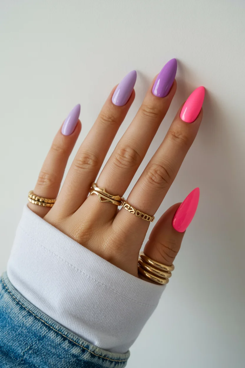 Summer nail art ideas 2026 Glossy Lavender And Hot Pink Almond Nails