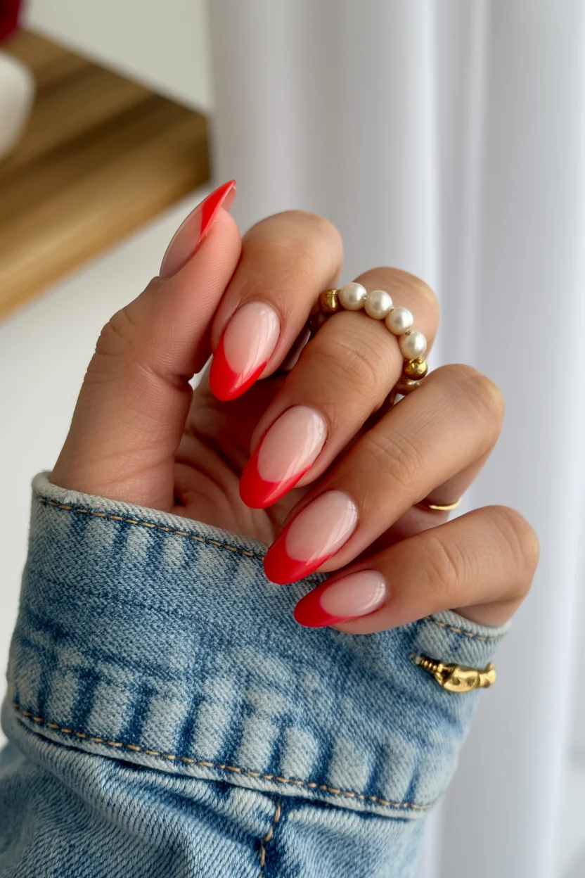 Summer nail art ideas 2026 Cherry Red French Tips With A Soft Nude Base