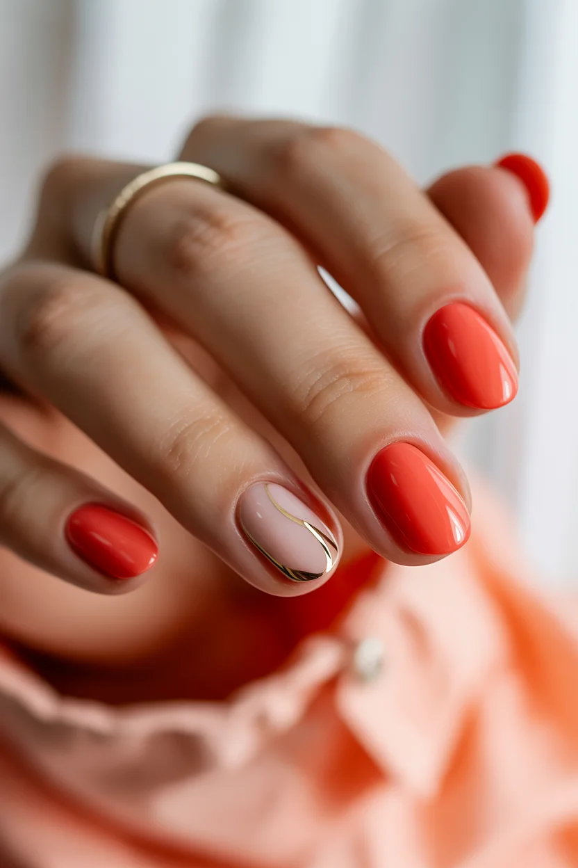Summer nail art ideas 2026 Coral Gloss Nails With Minimal Gold Accent