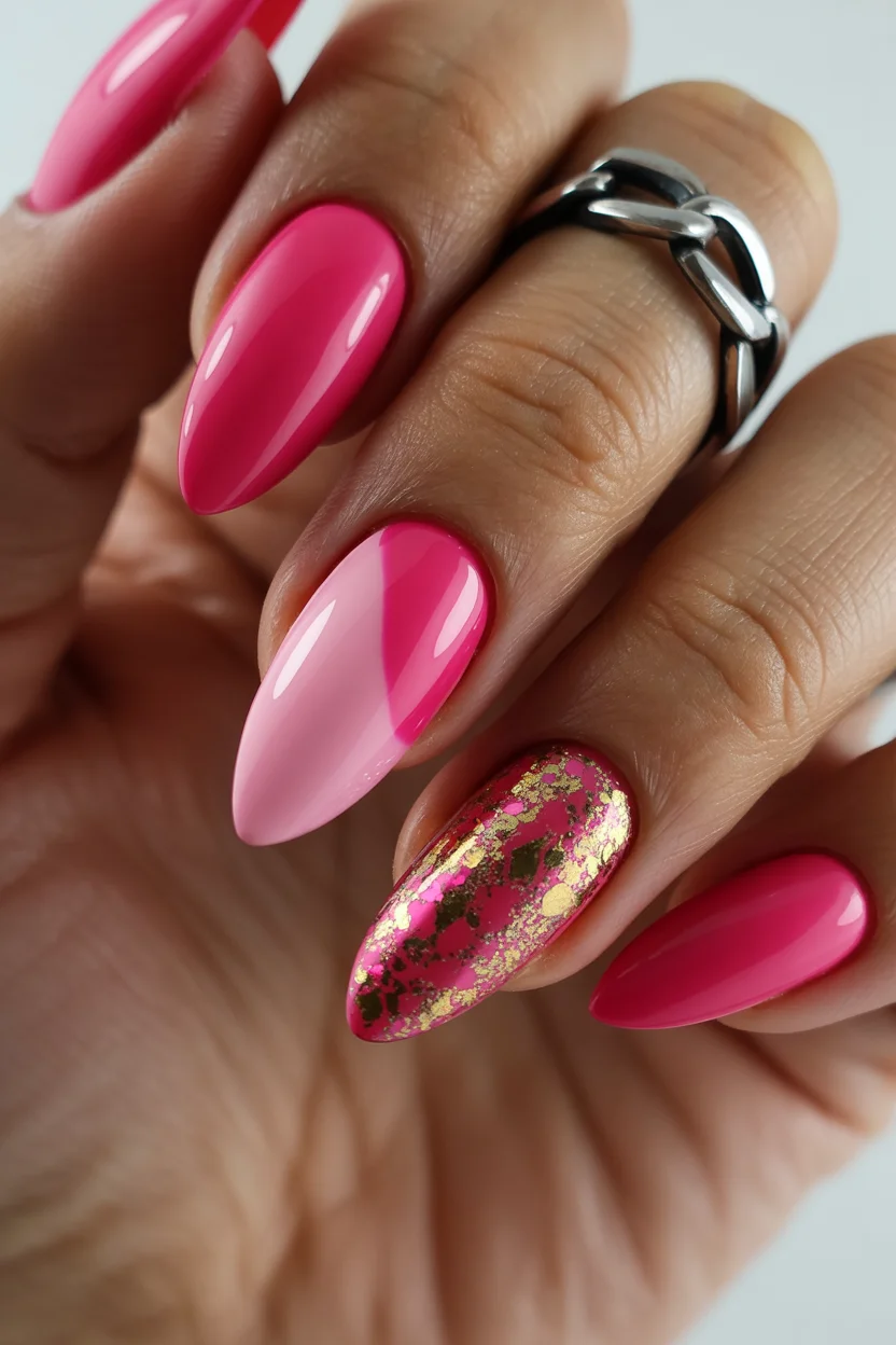 Summer nail art ideas 2026 Hot Pink And Gold Foil Glam Nails