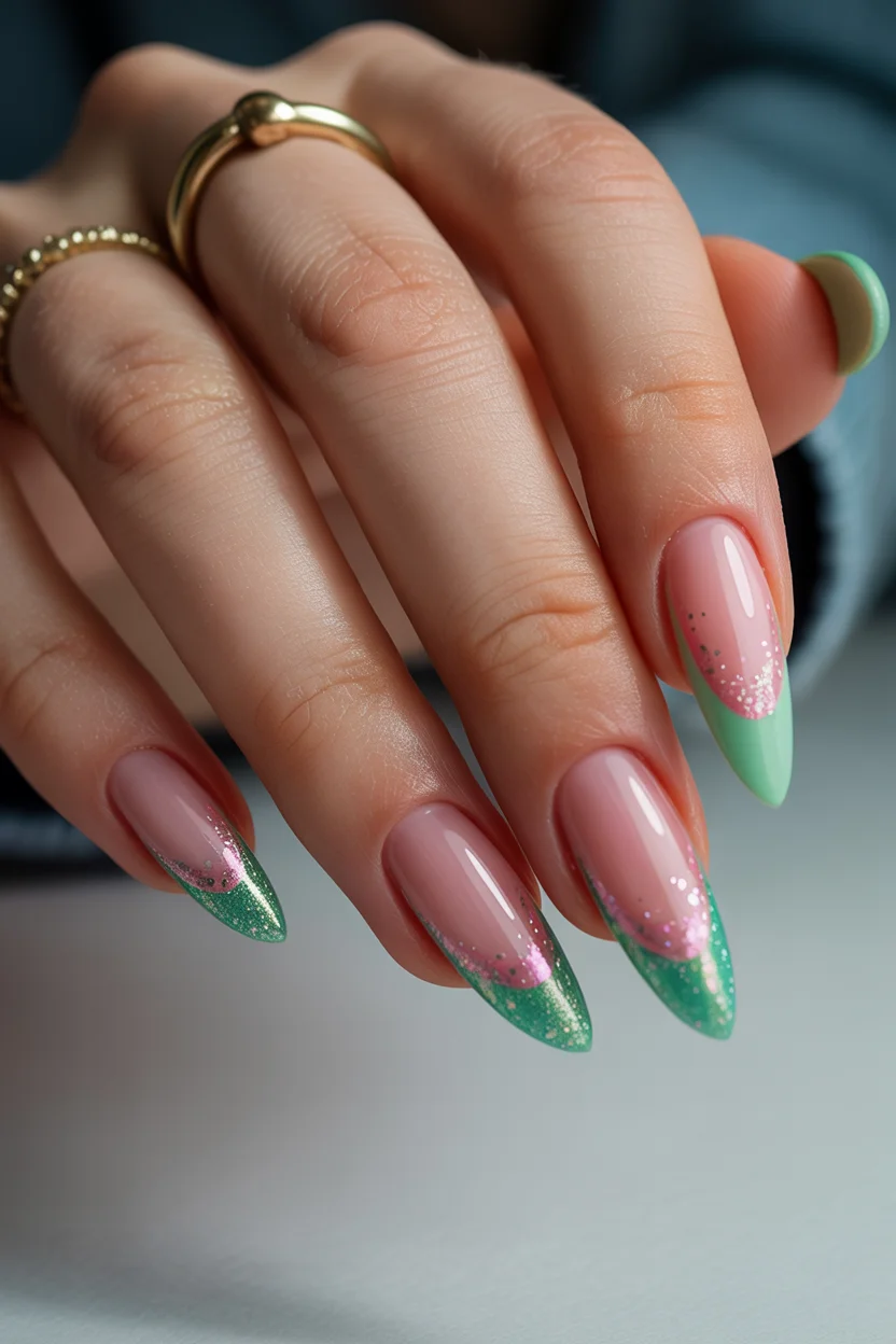 Summer nail art ideas 2026 Mint Green Glitter French Tips