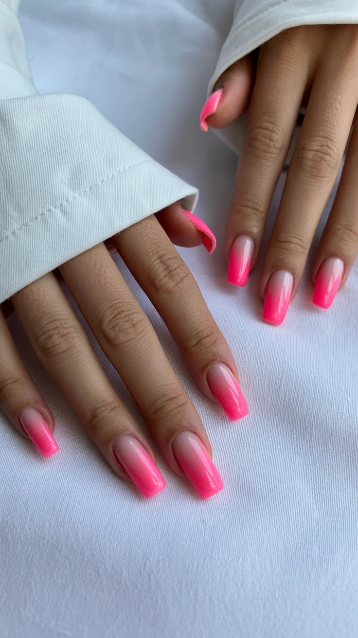 summer nails ballerina shape 2026 Hot Pink Ombré Nails That Look Like a Summer Sunset
