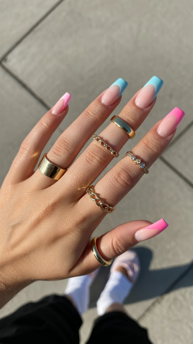 summer nails ballerina shape 2026 Pastel Colorblock French Tips With Playful Y2K Energy