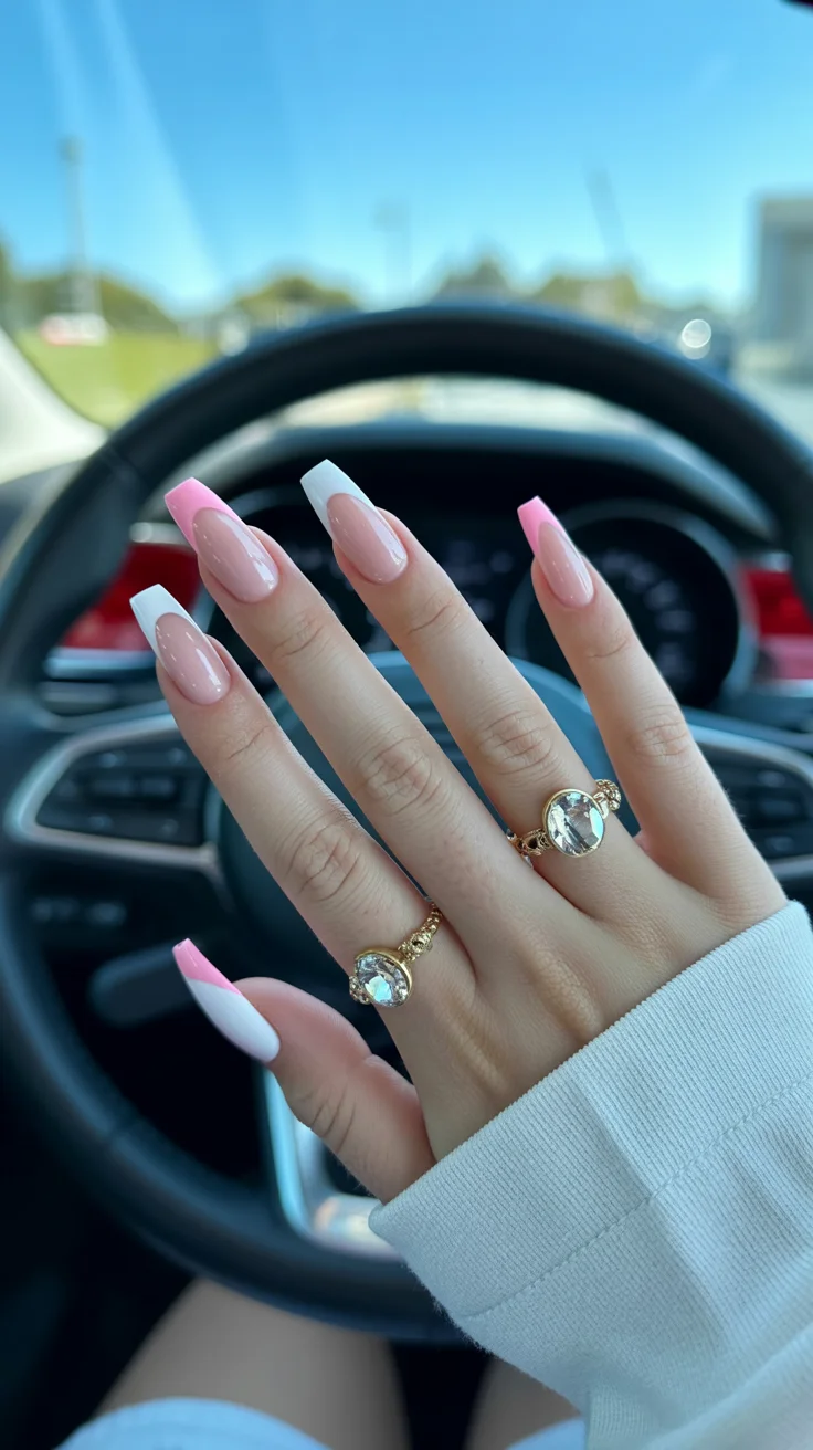 summer nails ballerina shape 2026 Pink and White Geometric French Nails for a Clean Girl Summer