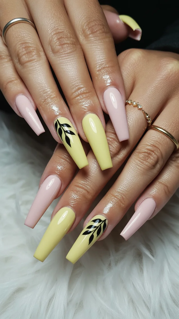 summer nails ballerina shape 2026 Butter Yellow and Blush Pink Nails With Retro Botanical Details