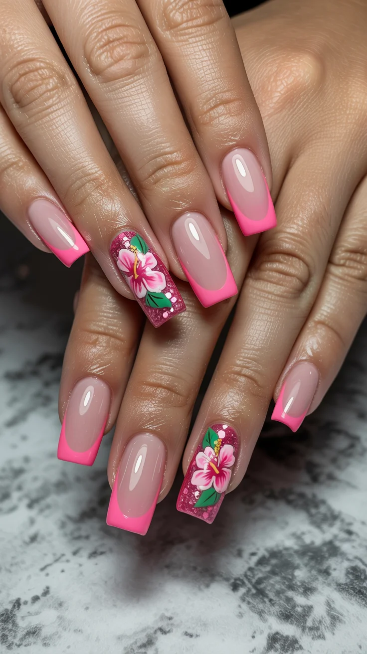 summer nails ballerina shape 2026 Hot Pink Hibiscus Nails With Tropical Vacation Energy