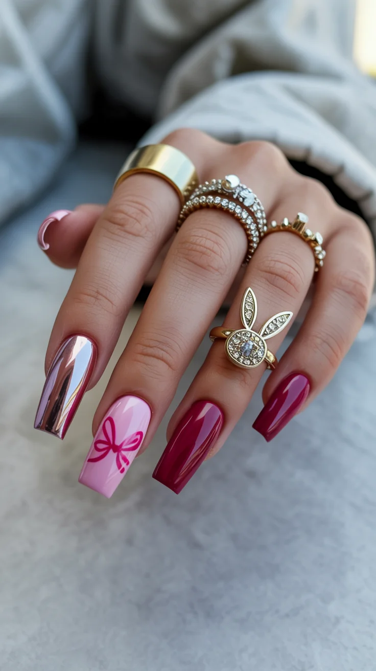 summer nails ballerina shape 2026 Glossy Berry Pink Nails With Chrome Accents and Coquette Energy
