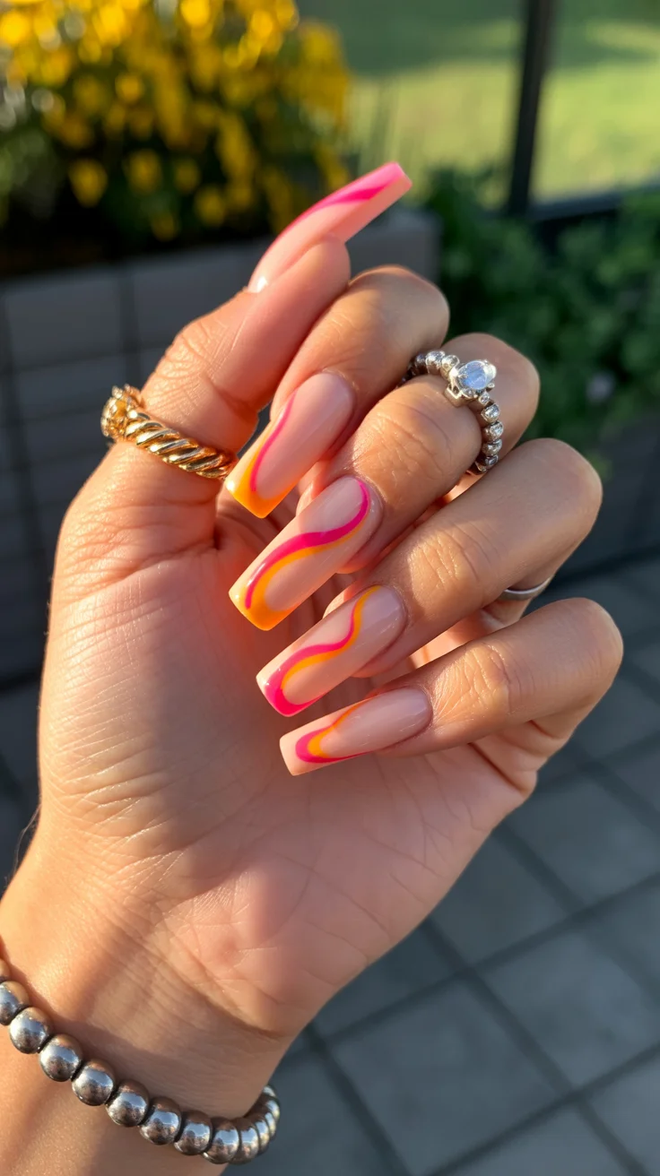 summer nails ballerina shape 2026 Sunset Swirl Nails With Neon Orange and Pink Waves
