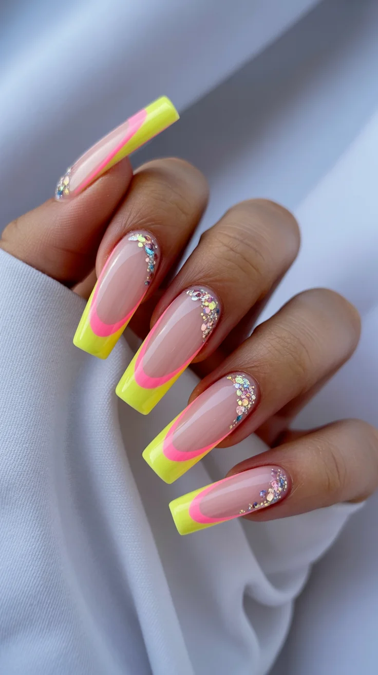 summer nails ballerina shape 2026 Neon French Fade Nails That Practically Glow at Sunset