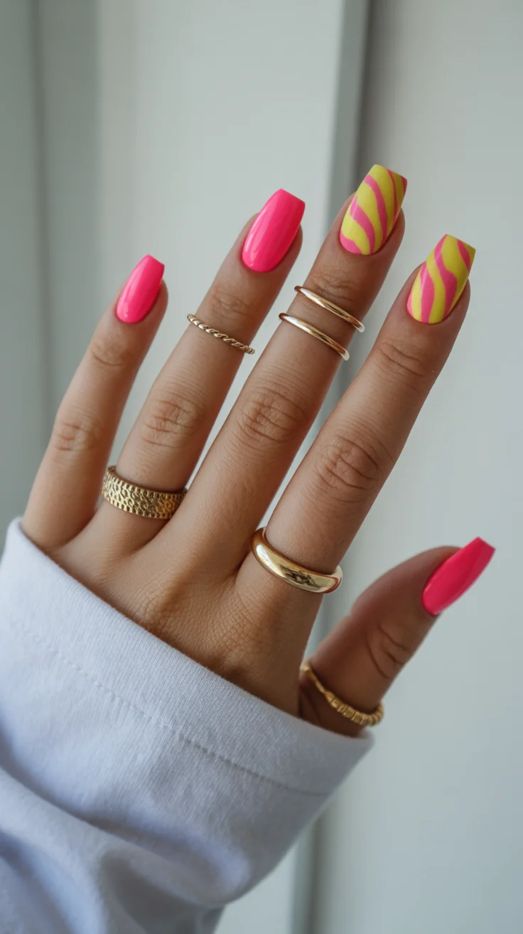 summer nails ballerina shape 2026 Neon Swirl Nails That Feel Straight Out of a Pool Party Playlist
