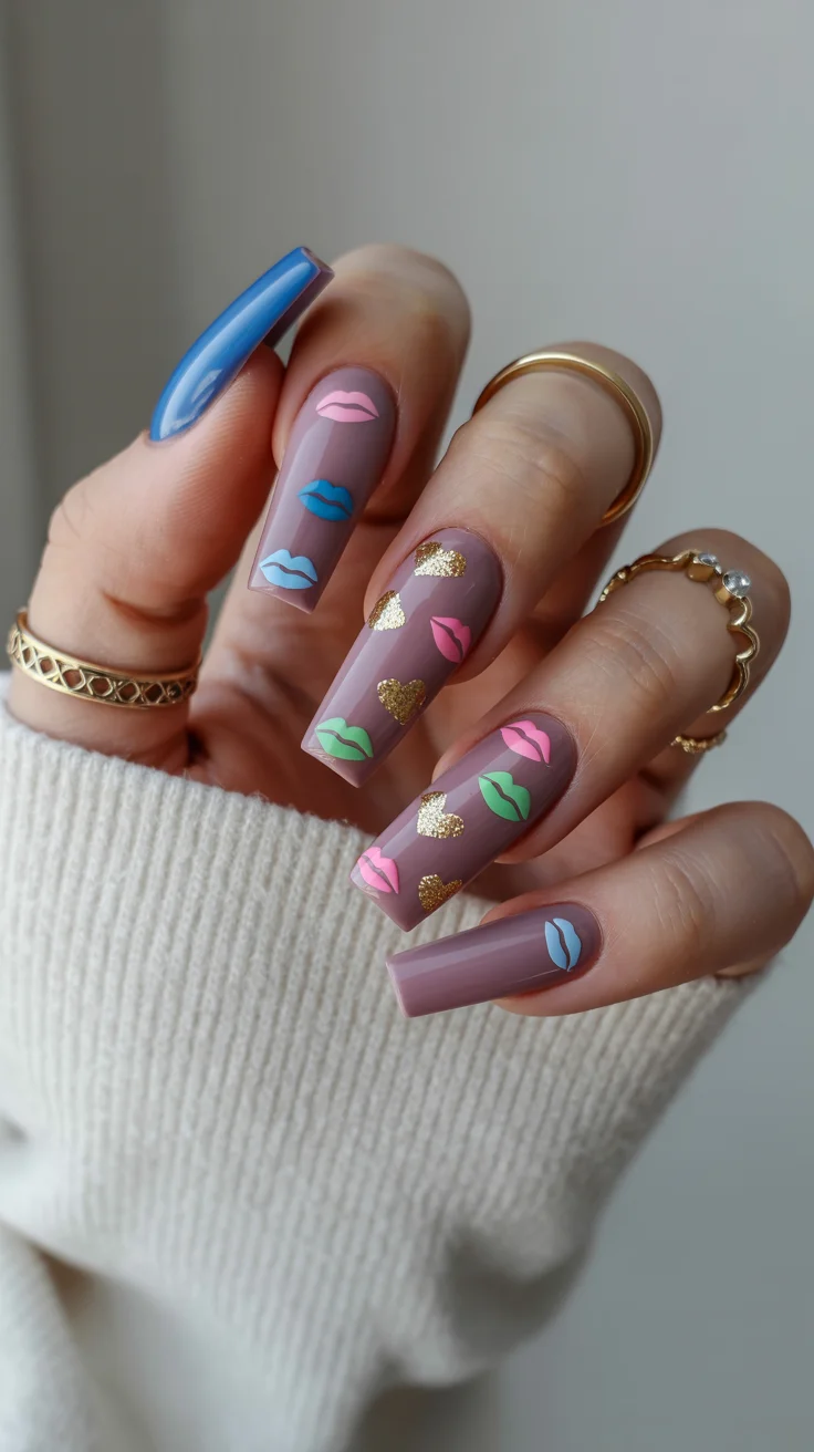 summer nails ballerina shape 2026 Pastel Pop Art Nails With Tiny Hearts and Candy-Colored Lips
