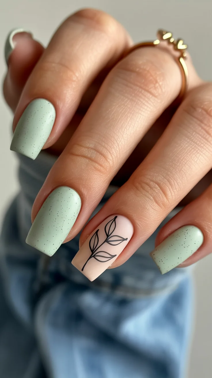 summer nails ballerina shape 2026 Soft Sage Green Nails With Minimal Botanical Art