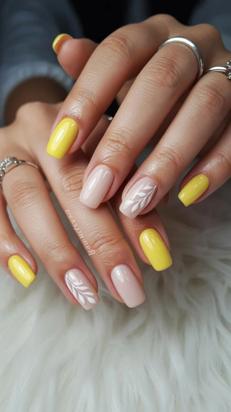 summer nails ballerina shape 2026 Butter Yellow Nails With Delicate White Botanical Details