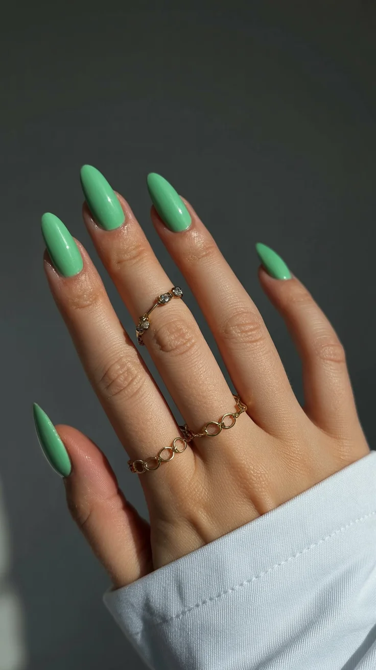 summer nails one color 2026 Fresh Mint Green with a Minimalist Twist
