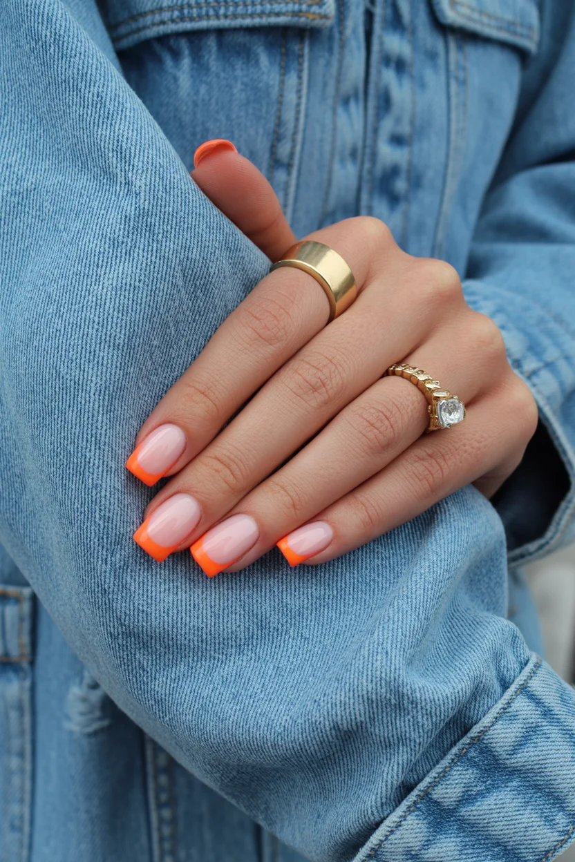 summer nails square 2026 Neon Orange French Nails That Were Basically Made for Denim Season