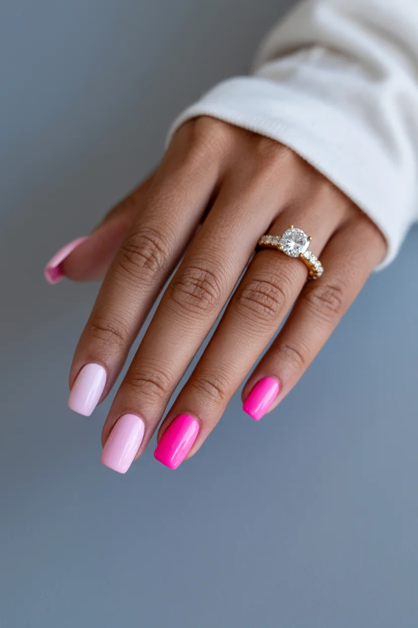 summer nails square 2026 Pink Colorblock Nails That Feel Soft and Bold at the Same Time