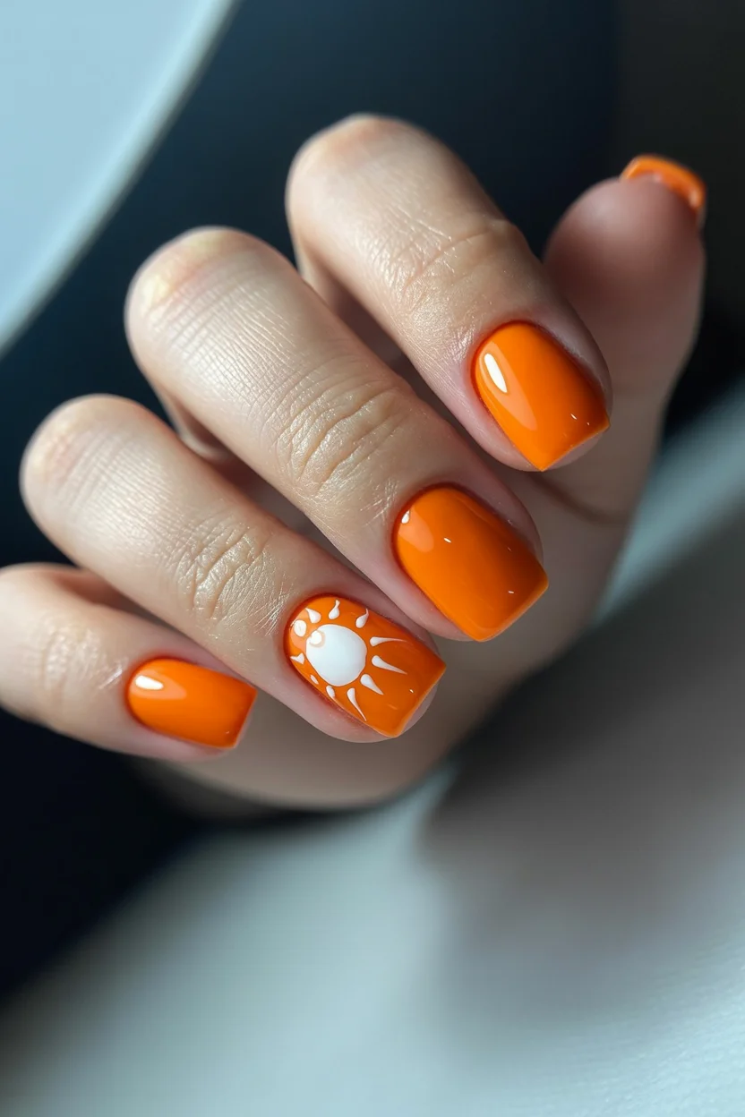 summer nails square 2026 Juicy Orange Nails With a Tiny Summer Sun Accent
