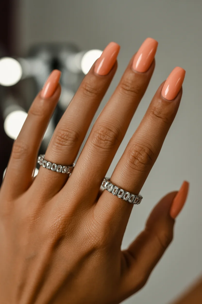 summer nails square 2026 Glossy Peach Square Nails That Quietly Look Expensive
