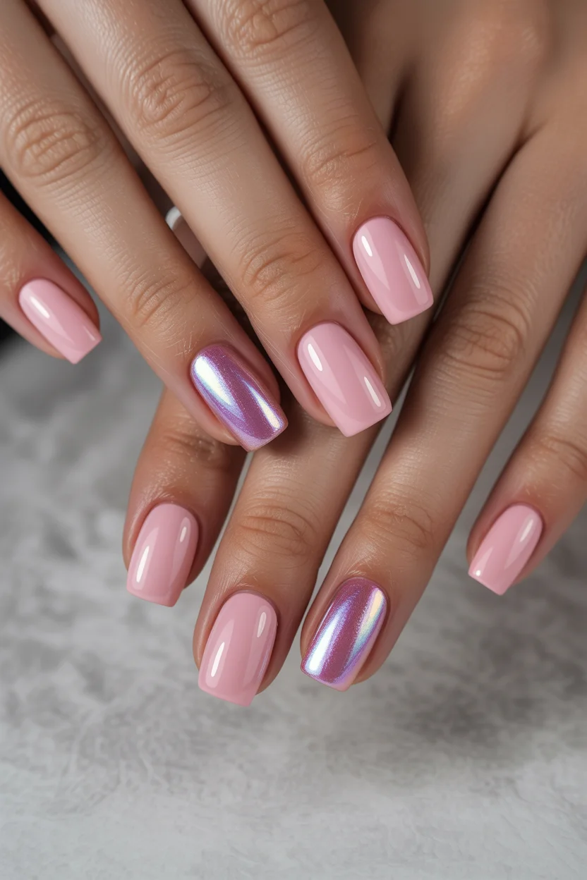 summer nails square 2026 Soft Pink Chrome Accent Nails That Feel Delicate and Futuristic